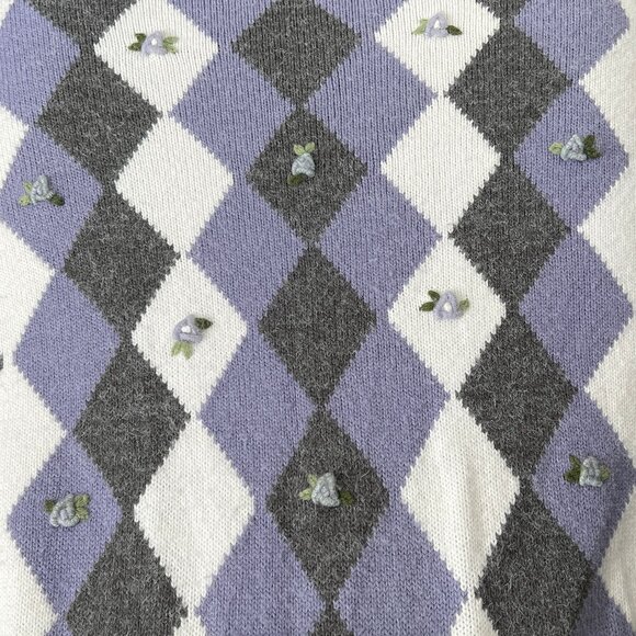 Vintage Argyle 3-D Knit Floral Embroidered Knit Mock Neck Crew Sweater Preppy 3D - Picture 6 of 7